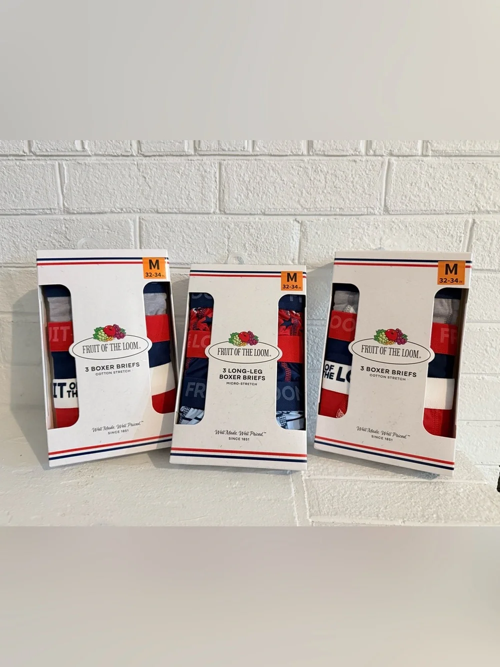 9 Pairs Of Fruit of the Loom Men’s Boxer Briefs Pack - Red, White, Blue
